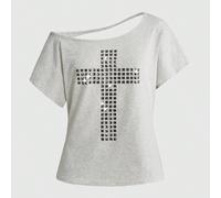 T-shirt ample de couleur unie avec design de croix rivetée, coupe laser style Punk Y2K, polyvalent L,M,S,XS,XXSUnicoloreÉtoffe