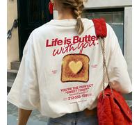 T-shirt ample d'été pour femmes avec imprimé cœur, beurre, toast et lettre au dos, top ample imprimé nourriture style Y2K, convient pour la promenade en ville, les rendez-vous, les fêtes, blanc décont