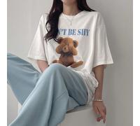 T-shirt ample d'été pour femmes avec imprimé ours de bande dessinée, col rond et épaules tombantes. "N'AYEZ PAS PEUR, S'IL VOUS PLAÎT FAITES-MOI SENTIR SEUL". Hauts mignons, T-shirt oversize, tenues d