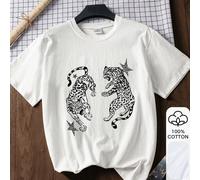 T-shirt ample d'été pour femmes, imprimé léopard et étoile, 100% coton, t-shirt graphique à manches courtes blanches L,M,S,XL,XS,XXL,XXXLAnimal,Blocs de couleur,UnicoloreTissu tricoté