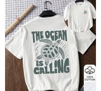 T-shirt ample d'été pour femmes, "L'OCÉAN M'APPELLE" et imprimé de tortue, 100% coton, t-shirt graphique à manches courtes blanches, vêtements de rentrée scolaire, idées de tenues scolaires, essentiel
