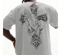 T-shirt ample et court avec un graphique de mains en prière avec des strass sur la poitrine avant et une grande impression au dos L,M,S,XL,XSgraphique,Lettres,Coutume populaireTissu tricoté