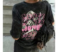 T-shirt ample imprimé vintage lavé noir et rose avec signe du dollar "MONEY". Style Y2K doux et sexy, avec slogan "GIVE ME MONEY". T-shirt décontracté doux, convient pour les vacances et le streetwear