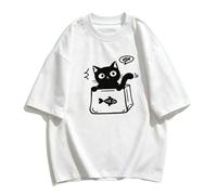 T-shirt ample, joli chat noir dans une boîte envie de poisson - Blanc - 3XL