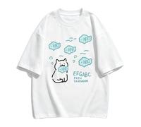 T-shirt ample manches courtes imprimé chat tenant poisson et - Blanc - XXL