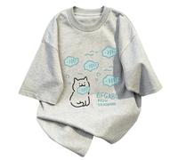 T-shirt ample manches courtes imprimé chat tenant poisson et let - Gris - S