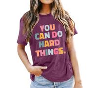 T-shirt ample pour femme « You Can Do Hard Things » - Lettre d'été athlétique - T-shirt ample - Coupe ample - Tendance - Pour le printemps - Pour sortir - T-shirts décontractés pour femmes, violet, S