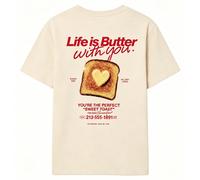 T-shirt ample pour femmes avec impression de lettres, de cœur et de toast au beurre au dos, style Y2K, imprimé alimentaire, convient pour les promenades en ville, les rendez-vous et les soirées décont