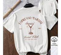 T-shirt ample pour femmes, imprimé avec un martini espresso et un verre de vin, 100% coton, manches courtes blanches, convient pour le Nouvel An chinois, le festival du printemps, l'année du cheval, l