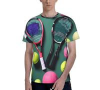 T-shirt amusant à manches courtes et col rond avec raquettes de tennis et balles de tennis - Tendance - Décontracté - Confortable - Pour un usage quotidien, Noir , S