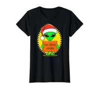 T-Shirt Amusant avec Chapeau de Père Noël et Extraterrestre Merry Christmas Earthlings T-Shirt Graphique avec Valeur, Femme, Noir, M