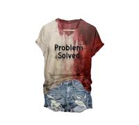 T-shirt amusant d'Halloween pour femme Problem Solved I'm Fine Bloody Print V Neck manches courtes Problem Solved Shirt, sable, S