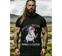 T-shirt avec un cochon portant un chapeau avec le drapeau français et l'inscription "La Nation Mange Du Cochon" pour le port décontracté en extérieur, oversize L,M,S,XL,XXL,XXXLNon-tissé