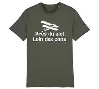 T Shirt Avion Près du Ciel, Loin des Cons - pour Homme - Imprimé en France - Coton 100% Bio - Cadeau Anniversaire Aviation Humour Original Rigolo (Kaki, L)