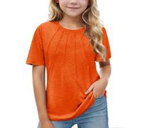 T-shirt basique à manches courtes en coton pour enfants, chemises d'été décontractées avec texture à volants pour filles, col rond, chemisier athlétique de sport pour vacances, Orange, 13-14 ans