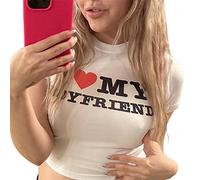 T-shirt basique à manches courtes Y2K pour femme - Imprimé « I Love My Boyfriend » - Pour la Saint-Valentin - Streetwear, blanc, M
