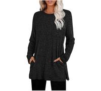 T-shirt basique à manches longues côtelé pour femme avec poches Automne Décontracté T-shirt à manches longues Hiver Couleur unie Col rond Pull Tunique, Noir , XL