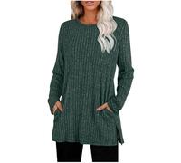 T-shirt basique à manches longues côtelé pour femme avec poches Automne Décontracté T-shirt à manches longues Hiver Couleur unie Col rond Pull Tunique, Vert armée., S
