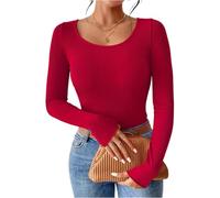 T-shirt basique à manches longues pour femme - Col rond - Stretch - Col rond - Élégant - Manches longues - Henley - Décontracté - Haut basique 2025, Bordeaux (01), L