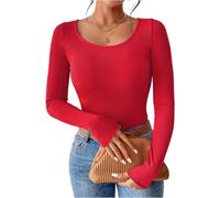 T-shirt basique à manches longues pour femme - Col rond - Stretch - Col rond - Élégant - Manches longues - Henley - Décontracté - Haut basique 2025, Rouge (01)., L