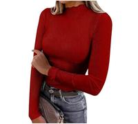 T-shirt basique à manches longues pour femme - Coupe ajustée - Col roulé - Col roulé - Élégant - Col roulé - Manches longues, rouge, S