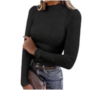 T-shirt basique à manches longues pour femme - Coupe ajustée - Col roulé - Col roulé - Élégant - Col roulé - Manches longues, Noir , S