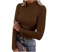 T-shirt basique à manches longues pour femme - Coupe ajustée - Col roulé - Col roulé - Élégant - Col roulé - Manches longues, café, XL