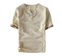 T-shirt basique décontracté pour homme 2025 chemisier haut ample grande taille couleur unie décontracté boucle disque mince coton lin chemise t shits, kaki, L