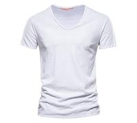 T-shirt basique en coton pour homme - Col en V - T-shirt d'été - T-shirt de sport - Manches courtes - Col en V - Haut classique - Doux - Respirant - Confortable - Pyjama pour homme, Blanc., M