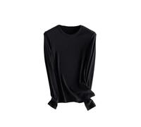 T-shirt basique en soie à manches longues et col rond pour femme, Noir , XL