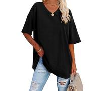 T-shirt basique surdimensionné pour femme avec col en V - T-shirt à manches mi-longues élégant pour l'été - Grandes tailles - T-shirt long pour femme, Noir, M