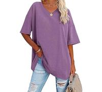 T-shirt basique surdimensionné pour femme avec col en V - T-shirt à manches mi-longues élégant pour l'été - Grandes tailles - T-shirt long pour femme, Violet, L