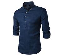 T-shirt basique tendance pour homme, coupe ajustée, coupe régulière, polo uni à manches longues pour homme, polo à manches longues, col montant, chemise boutonnée, E-blue(A)., L