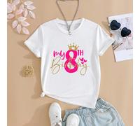 T-shirt blanc à col ras-du-cou, manches courtes, avec une couronne 3D pailletée et un imprimé en forme de cœur, pour la 8ème anniversaire d'une jeune fille 8Y,9Y,10Y,11Y,12YCartoon,Lettres,Plantes,Slo
