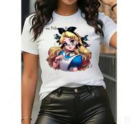 T-shirt blanc à manches courtes avec motif Alice en style dessin animé, 100% coton, col rond, manches courtes décontracté. Un choix à la mode pour l'été et le printemps, une option parfaite pour les v