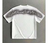 T-shirt blanc ample à manches courtes pour hommes, imprimé police manuscrite courbe avec bordure peinte à la bombe, streetwear décontracté d'été, mode city break, cadeau à la mode L,M,S,XL,XS,XXLgraph