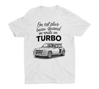 T-Shirt Blanc avec Design Turbo R5, Impression Voiture de Course Rétro et Texte Français (FR/ES, Alpha/Lettres, L, Taille Normale, Taille Normale, Blanc)