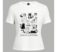 T-shirt blanc décontracté pour femmes avec encolure ronde mince avec chat rayé noir et blanc et impression 'Cat Is Best Friend', adapté pour l'été L,M,S,XL,XS,XXL,XXS,XXXL,XXXXLAnimal,Cartoon,graphiqu