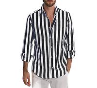 T-shirt blanc décontracté rayé boucle revers chemise à manches longues haut hommes chemises à manches longues, Noir , XXL