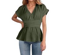T Shirt Blanc Femme Chemise Plissée Femme Manches Courtes Col en V Unie pour Quotidien Bureau W nd Décontracté Shirt T Sport Anti UV Blanc Grande (Green, L)