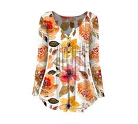 T-Shirt Blanc Femme Manche Longue Tunique pour Femmes imprimé Hauts Cacher Le Ventre Tunique Lo Tus Forme de Feuille t-Shirts à Manches Longues Mignon t-Shirt Fluide T Shirt Femme Col V (Orange, M)