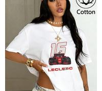T-shirt blanc polyvalent à motif de voiture de Formule 1, 100 % coton, idéal pour les fans de Charles . Coupe ample. Collection été, grande taille, inspirée de la série K-Pop Warrior. Haut en pur coto