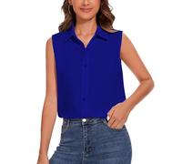T-shirt boutonné sans manches pour femme - Col classique - Débardeur basique - Pour le travail, le bureau - En mousseline de soie, bleu roi, S