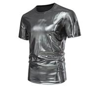 T-shirt brillant à manches courtes métallisées pour homme en cuir PVC - Col rond - Loisirs - Coupe ajustée - Clubwear des années 70 - Costume de fête disco - Pour carnaval, boîte de nuit, fête à thème