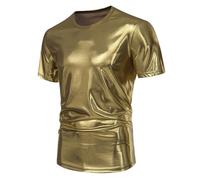 T-shirt brillant à manches courtes métallisées pour homme en cuir PVC - Col rond - Loisirs - Coupe ajustée - Clubwear des années 70 - Costume de fête disco - Pour carnaval, boîte de nuit, fête à thème
