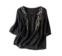 T-shirt brodé pour femme - Col en V - Décontracté - Tendance - Doux - Manches 3/4 - Confortable et respirant - Pour l'extérieur - T-shirt léger et respirant, Marine, XL