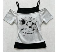 T-shirt camisole 2 en 1 à épaules dénudées et manches courtes pour fille pré-ado, design créatif frais et mignon avec lapin, chat, casque audio et imprimé lettres amusant 8Y,9Y,10Y,11Y,12Y,13YCartoon,