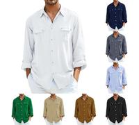 T-shirt cargo à manches longues avec poches multiples et revers pour homme, Chemises blanches avec double poches, 3XL