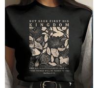 T-shirt casual à manches courtes avec imprimé combiné d'alphabet floral pour l'été MAIS CHERCHEZ PREMIÉREMENT SON ROYAUME ET SA JUSTICE, ET TOUTES CES CHOSES VOUS SERONT DONNÉES EN PLUS Matthieu 6:33 