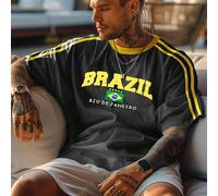T-shirt casual à manches courtes, de couleur unie et rayé, avec un graphique du drapeau du Brésil à la mode, pour homme. Printemps/Été 2025 L,M,S,XL,XS,XXLLettres,RayéTissu tricoté